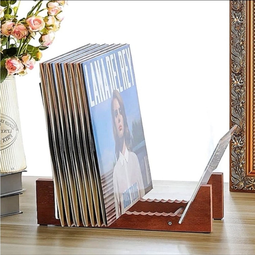 Vinyl Record Storage Solid Wood Display Stand with Clear Strong Acrylic Ends.
